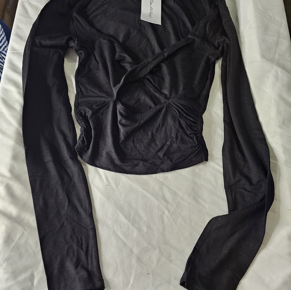 Miss Selfridge Long Sleeve Twist Front Top Black Size 2
